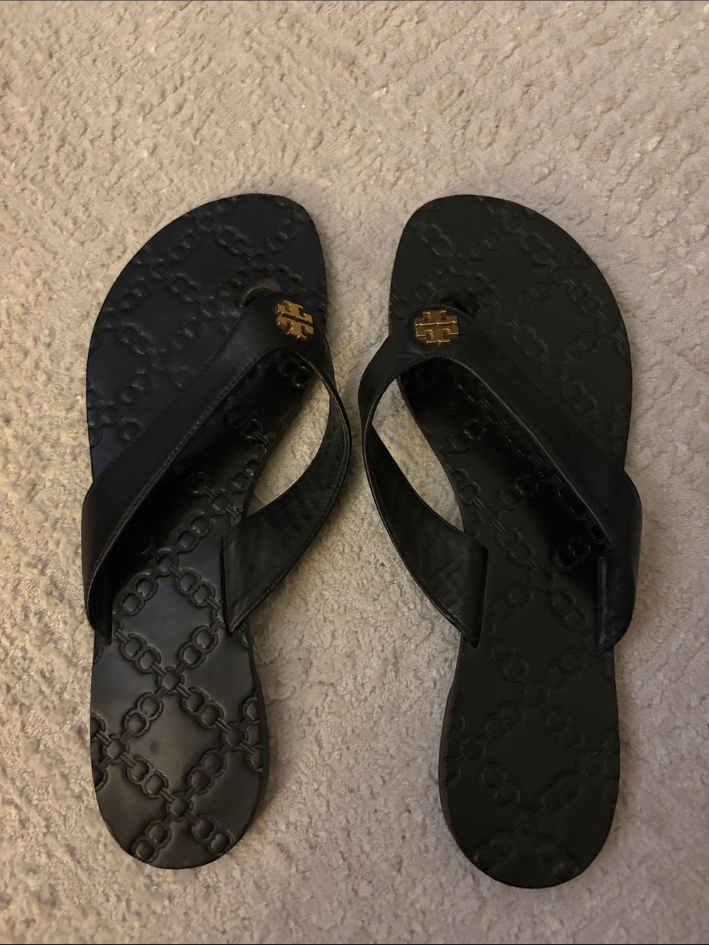Tory Burch Black Leather Logo Flip Sandals with Gold Medallion
